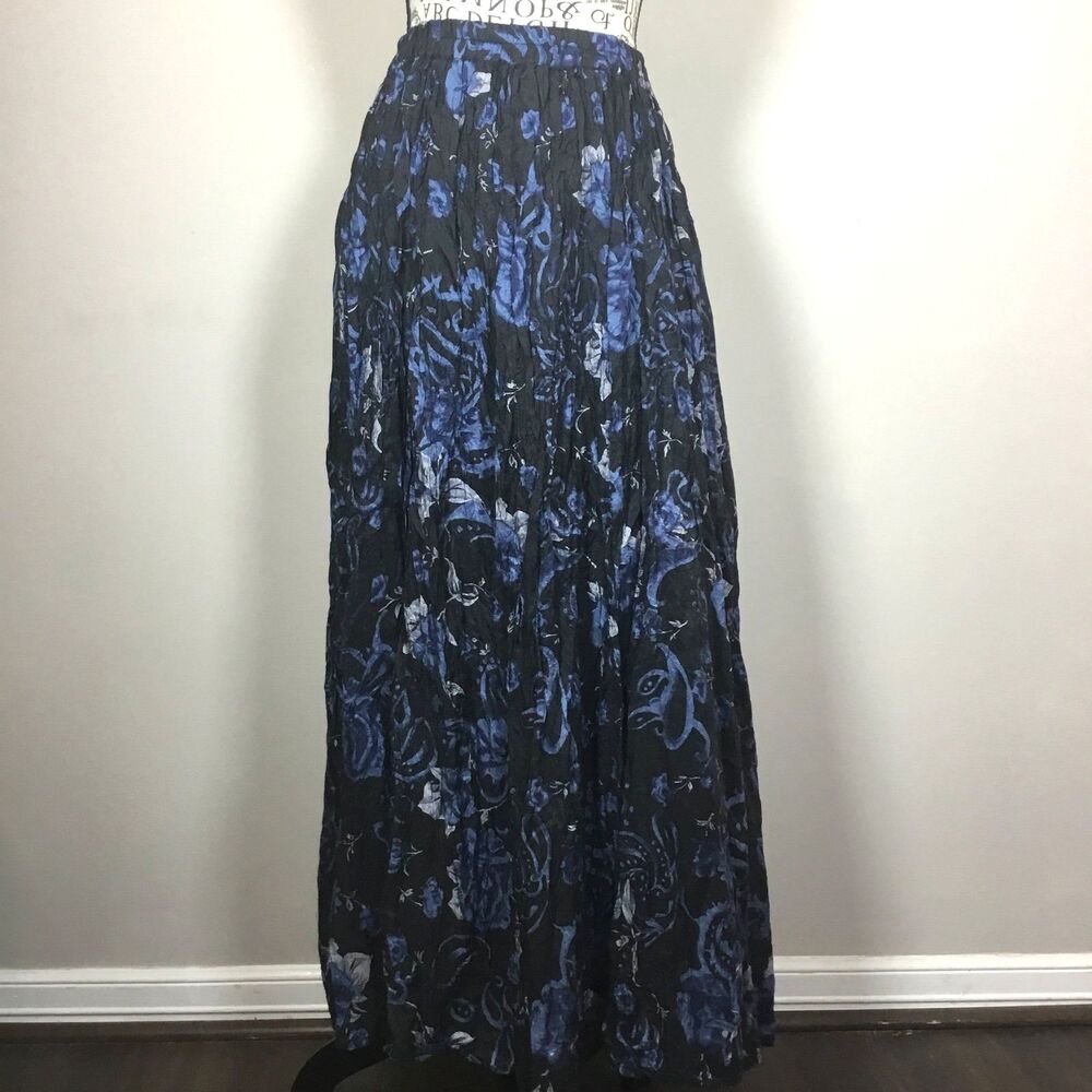 100% silk maxi skirt blue black elastic waist 28"-36" abstract paisley pattern S